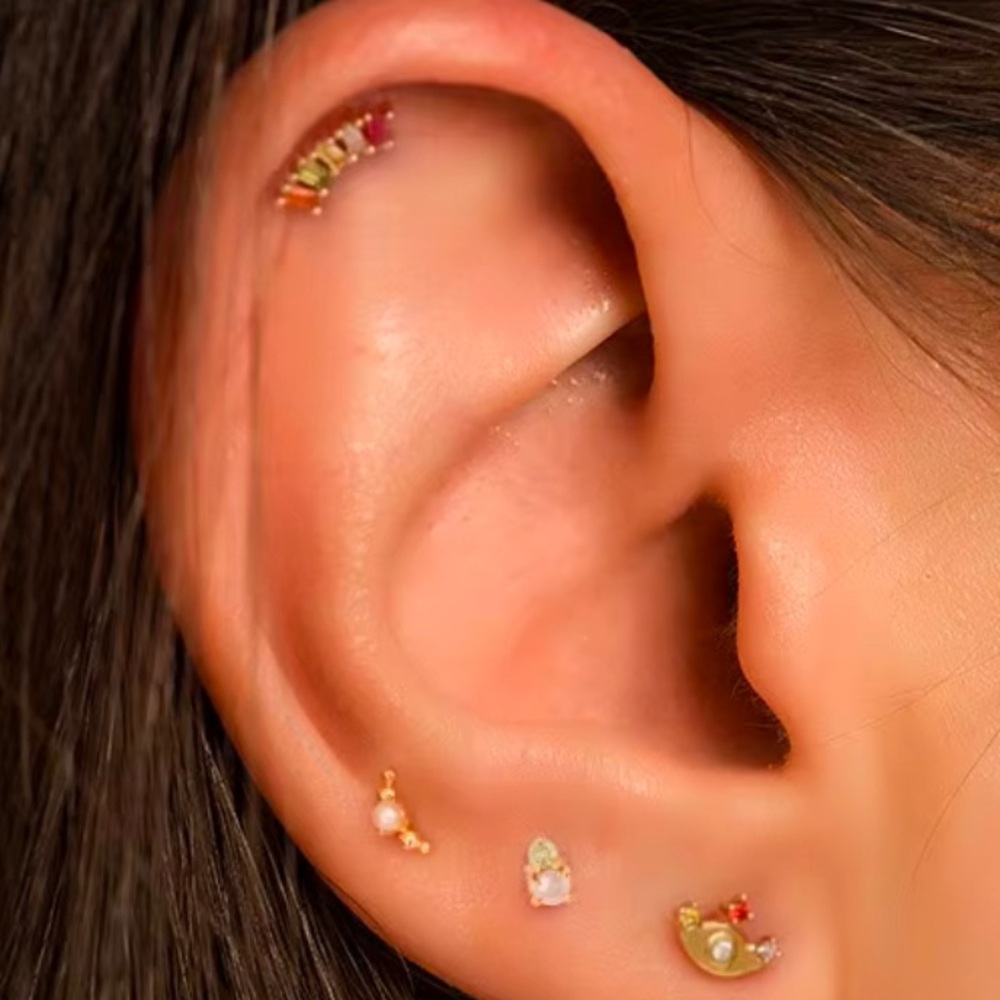 $79 NEW - Rainbow Crystal Ball back Nap Earring - gold plated Sterling Silver - Picture 2 of 5